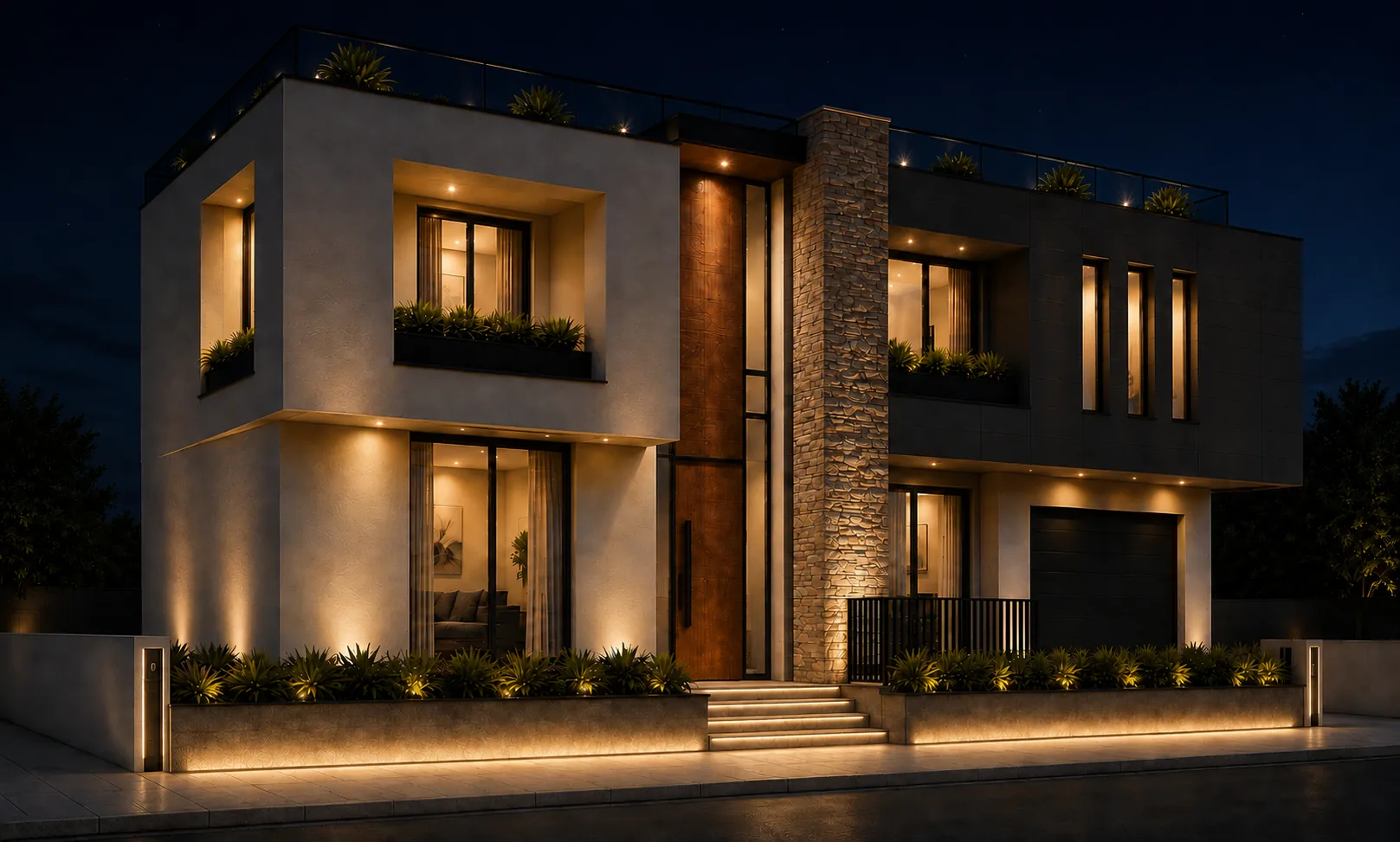 Villa at night with exterior lighting